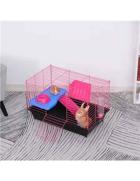 PawHut Dwarf Hamster Metal Cage Guinea Pigs Hutches w/ Tunnels Pink