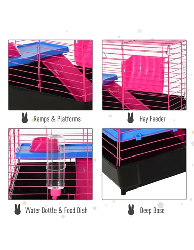 PawHut Dwarf Hamster Metal Cage Guinea Pigs Hutches w/ Tunnels Pink