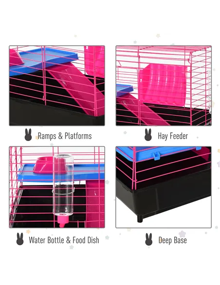 PawHut Dwarf Hamster Metal Cage Guinea Pigs Hutches w/ Tunnels Pink