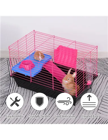 PawHut Dwarf Hamster Metal Cage Guinea Pigs Hutches w/ Tunnels Pink