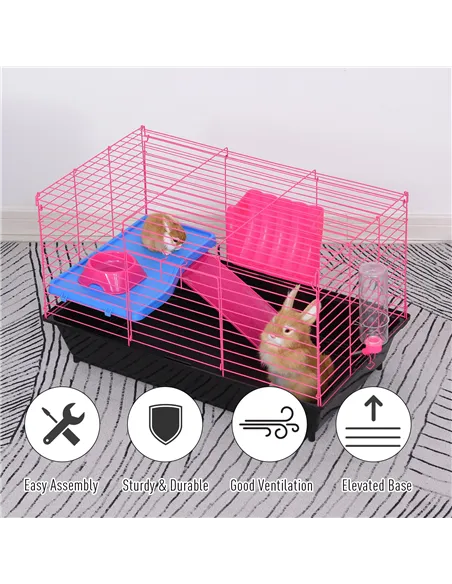 PawHut Dwarf Hamster Metal Cage Guinea Pigs Hutches w/ Tunnels Pink