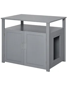 PawHut Wooden Cat Litter Box Enclosure Furniture with Adjustable Interior Wall & Large Tabletop for Nightstand, Grey