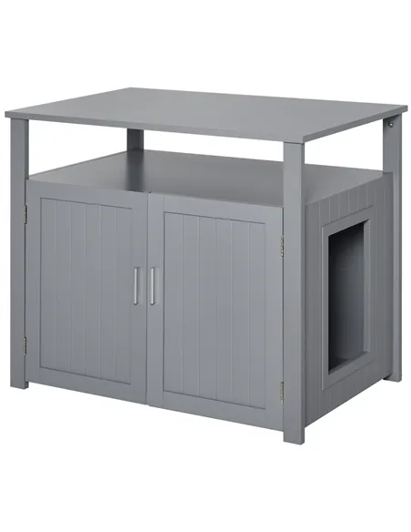PawHut Wooden Cat Litter Box Enclosure Furniture with Adjustable Interior Wall & Large Tabletop for Nightstand, Grey