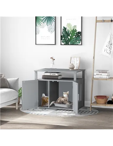 PawHut Wooden Cat Litter Box Enclosure Furniture with Adjustable Interior Wall & Large Tabletop for Nightstand, Grey