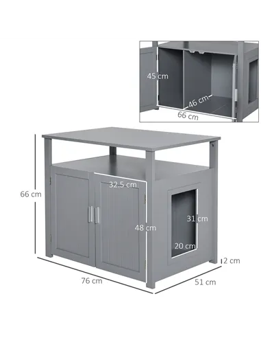 PawHut Wooden Cat Litter Box Enclosure Furniture with Adjustable Interior Wall & Large Tabletop for Nightstand, Grey