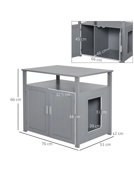 PawHut Wooden Cat Litter Box Enclosure Furniture with Adjustable Interior Wall & Large Tabletop for Nightstand, Grey