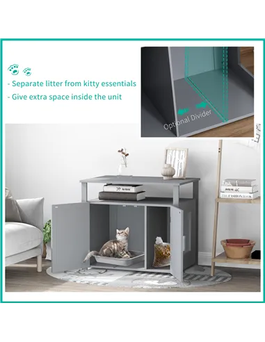 PawHut Wooden Cat Litter Box Enclosure Furniture with Adjustable Interior Wall & Large Tabletop for Nightstand, Grey