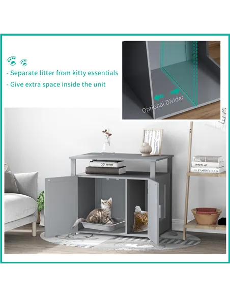 PawHut Wooden Cat Litter Box Enclosure Furniture with Adjustable Interior Wall & Large Tabletop for Nightstand, Grey