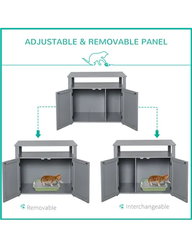 PawHut Wooden Cat Litter Box Enclosure Furniture with Adjustable Interior Wall & Large Tabletop for Nightstand, Grey