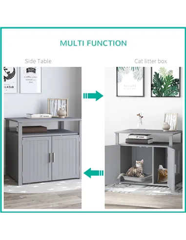 PawHut Wooden Cat Litter Box Enclosure Furniture with Adjustable Interior Wall & Large Tabletop for Nightstand, Grey