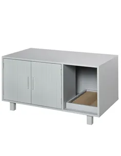 PawHut Wooden Cat Litter Box Enclosure & House with Nightstand/End Table Design, Scratcher, & Magnetic Doors, Grey