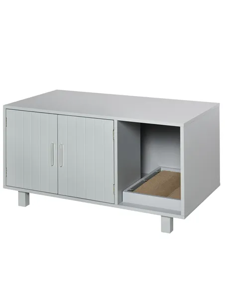 PawHut Wooden Cat Litter Box Enclosure & House with Nightstand/End Table Design, Scratcher, & Magnetic Doors, Grey