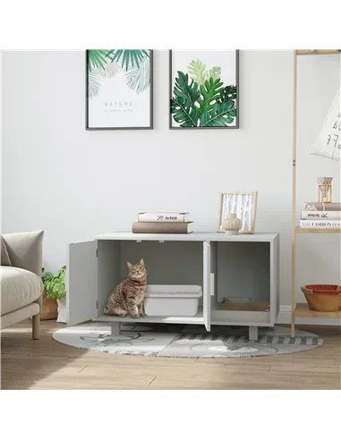PawHut Wooden Cat Litter Box Enclosure & House with Nightstand/End Table Design, Scratcher, & Magnetic Doors, Grey