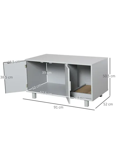 PawHut Wooden Cat Litter Box Enclosure & House with Nightstand/End Table Design, Scratcher, & Magnetic Doors, Grey