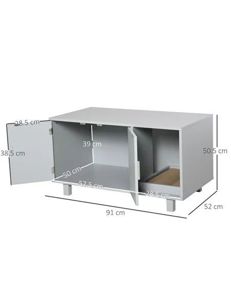 PawHut Wooden Cat Litter Box Enclosure & House with Nightstand/End Table Design, Scratcher, & Magnetic Doors, Grey