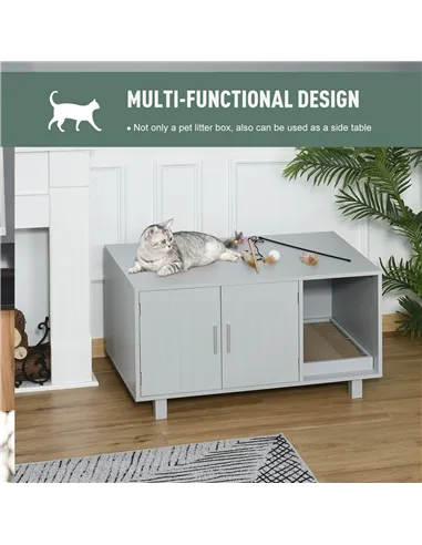 PawHut Wooden Cat Litter Box Enclosure & House with Nightstand/End Table Design, Scratcher, & Magnetic Doors, Grey