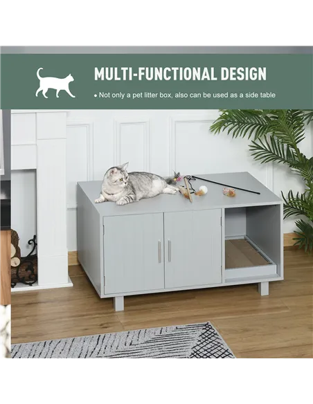 PawHut Wooden Cat Litter Box Enclosure & House with Nightstand/End Table Design, Scratcher, & Magnetic Doors, Grey