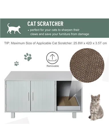 PawHut Wooden Cat Litter Box Enclosure & House with Nightstand/End Table Design, Scratcher, & Magnetic Doors, Grey