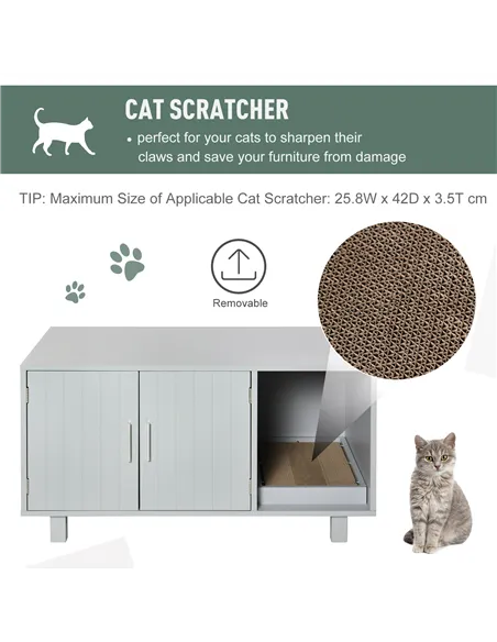 PawHut Wooden Cat Litter Box Enclosure & House with Nightstand/End Table Design, Scratcher, & Magnetic Doors, Grey