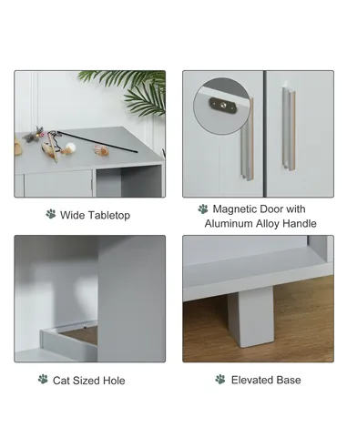 PawHut Wooden Cat Litter Box Enclosure & House with Nightstand/End Table Design, Scratcher, & Magnetic Doors, Grey