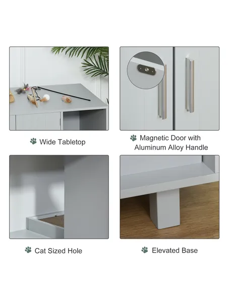 PawHut Wooden Cat Litter Box Enclosure & House with Nightstand/End Table Design, Scratcher, & Magnetic Doors, Grey