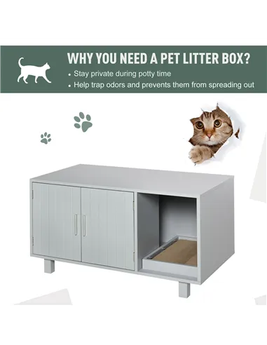 PawHut Wooden Cat Litter Box Enclosure & House with Nightstand/End Table Design, Scratcher, & Magnetic Doors, Grey