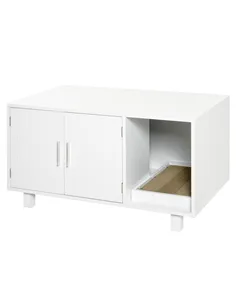 PawHut Wooden Cat Litter Box Enclosure & House with Nightstand/End Table Design, Scratcher, & Magnetic Doors, White