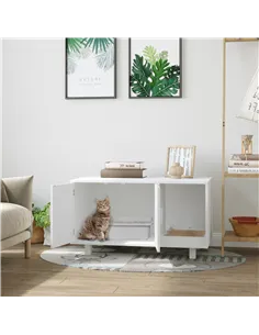 PawHut Wooden Cat Litter Box Enclosure & House with Nightstand/End Table Design, Scratcher, & Magnetic Doors, White 2