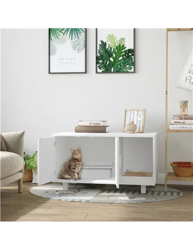PawHut Wooden Cat Litter Box Enclosure & House with Nightstand/End Table Design, Scratcher, & Magnetic Doors, White