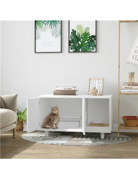 PawHut Wooden Cat Litter Box Enclosure & House with Nightstand/End Table Design, Scratcher, & Magnetic Doors, White