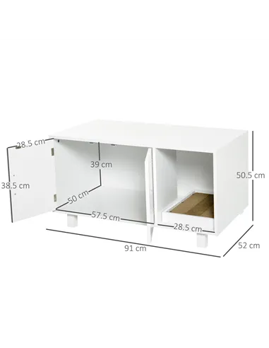 PawHut Wooden Cat Litter Box Enclosure & House with Nightstand/End Table Design, Scratcher, & Magnetic Doors, White