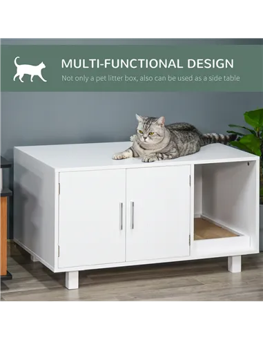 PawHut Wooden Cat Litter Box Enclosure & House with Nightstand/End Table Design, Scratcher, & Magnetic Doors, White