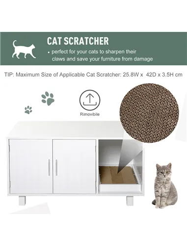 PawHut Wooden Cat Litter Box Enclosure & House with Nightstand/End Table Design, Scratcher, & Magnetic Doors, White