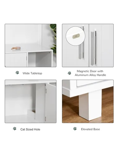 PawHut Wooden Cat Litter Box Enclosure & House with Nightstand/End Table Design, Scratcher, & Magnetic Doors, White