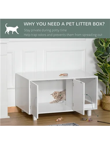 PawHut Wooden Cat Litter Box Enclosure & House with Nightstand/End Table Design, Scratcher, & Magnetic Doors, White