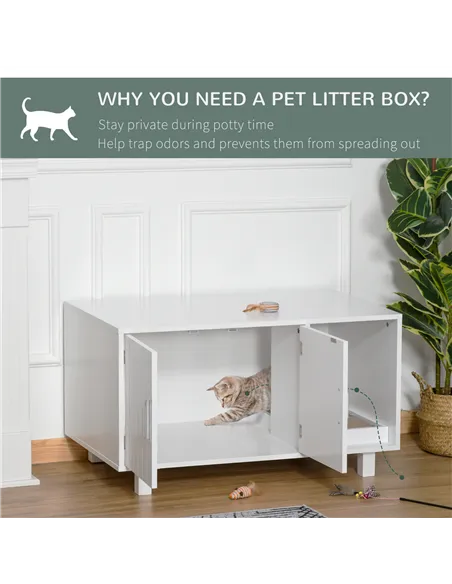 PawHut Wooden Cat Litter Box Enclosure & House with Nightstand/End Table Design, Scratcher, & Magnetic Doors, White