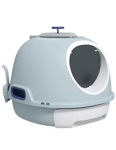 PawHut Cat Litter Box Toilet with Litter Scoop Enclosed Drawer, Front Entry Top Exit, Easy To Clean Blue