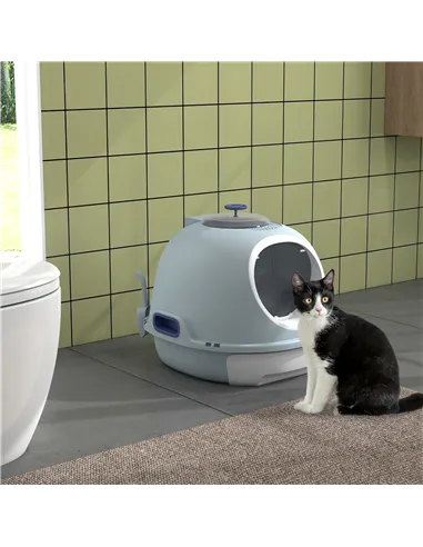 PawHut Cat Litter Box Toilet with Litter Scoop Enclosed Drawer, Front Entry Top Exit, Easy To Clean Blue