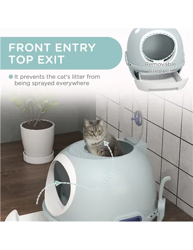 PawHut Cat Litter Box Toilet with Litter Scoop Enclosed Drawer, Front Entry Top Exit, Easy To Clean Blue
