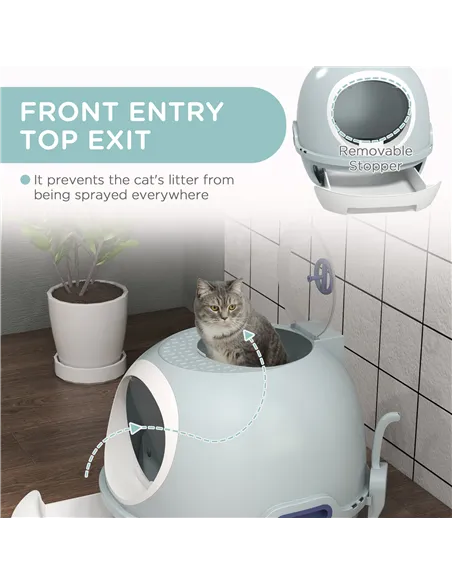 PawHut Cat Litter Box Toilet with Litter Scoop Enclosed Drawer, Front Entry Top Exit, Easy To Clean Blue