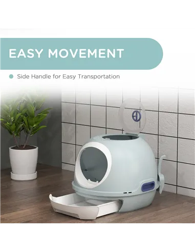 PawHut Cat Litter Box Toilet with Litter Scoop Enclosed Drawer, Front Entry Top Exit, Easy To Clean Blue