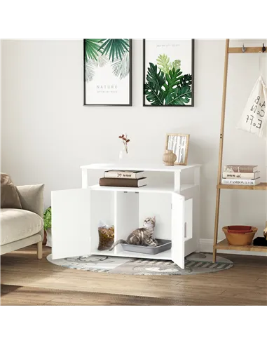 PawHut Wooden Cat Litter Box Enclosure Furniture with Adjustable Interior Wall & Large Tabletop for Nightstand, White