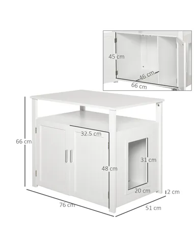 PawHut Wooden Cat Litter Box Enclosure Furniture with Adjustable Interior Wall & Large Tabletop for Nightstand, White