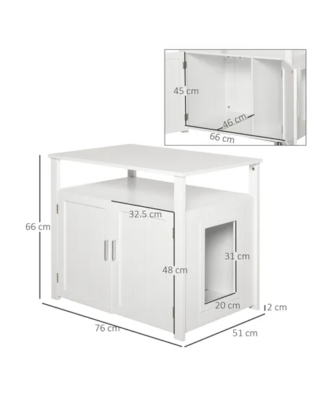 PawHut Wooden Cat Litter Box Enclosure Furniture with Adjustable Interior Wall & Large Tabletop for Nightstand, White