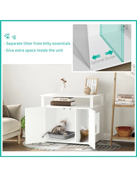 PawHut Wooden Cat Litter Box Enclosure Furniture with Adjustable Interior Wall & Large Tabletop for Nightstand, White
