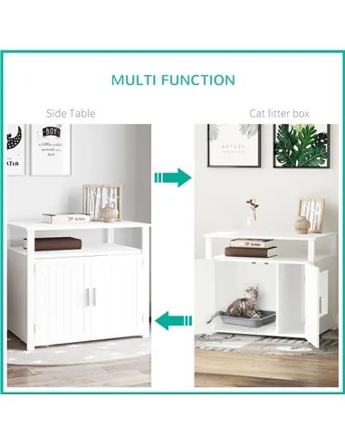 PawHut Wooden Cat Litter Box Enclosure Furniture with Adjustable Interior Wall & Large Tabletop for Nightstand, White