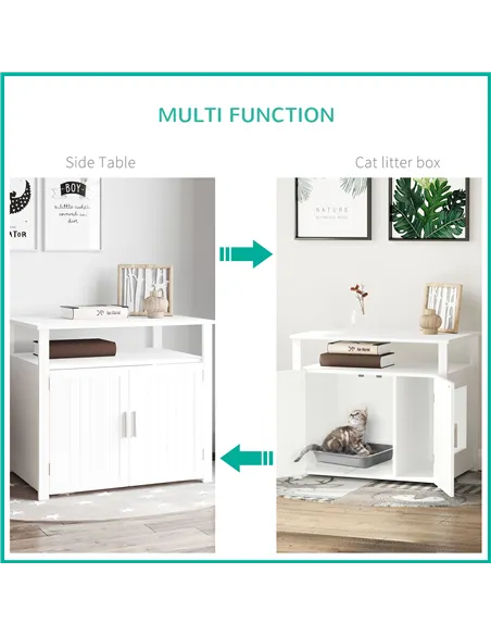 PawHut Wooden Cat Litter Box Enclosure Furniture with Adjustable Interior Wall & Large Tabletop for Nightstand, White