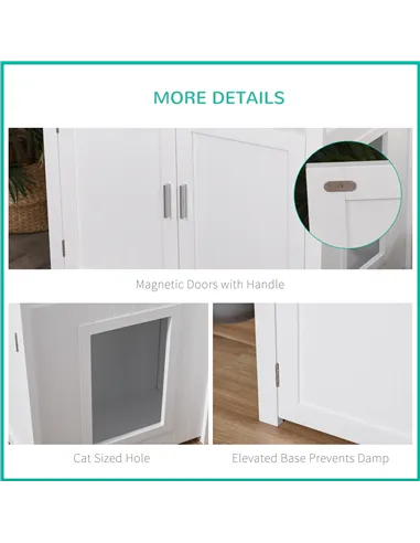 PawHut Wooden Cat Litter Box Enclosure Furniture with Adjustable Interior Wall & Large Tabletop for Nightstand, White