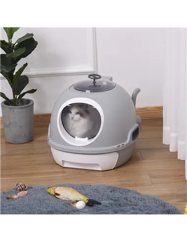 PawHut Cat Litter Box Toilet with Litter Scoop Enclosed Drawer, Front Entry Top Exit, Easy To Clean Grey