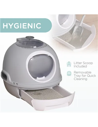 PawHut Cat Litter Box Toilet with Litter Scoop Enclosed Drawer, Front Entry Top Exit, Easy To Clean Grey